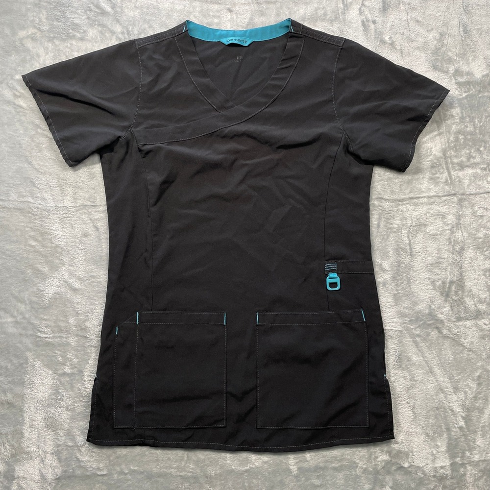 Carhartt Women's Black Scrub‎ Top V Neck Short Sleeve Pockets Size XS